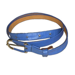 Emmanuel 1980s vintage thin blue leather belt with gold coloured buckle